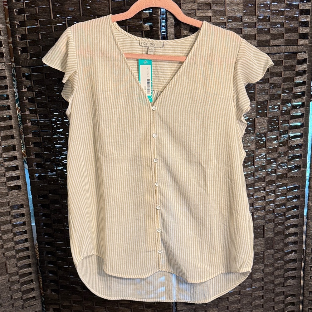 Pale Sky Juni Blouse Off White Flutter Sleeve Pale Stripes Size Large